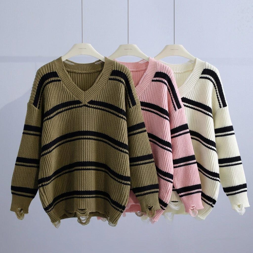 Damen Pullover Relaxed Fit mit Streifenmuster und V-Ausschnitt