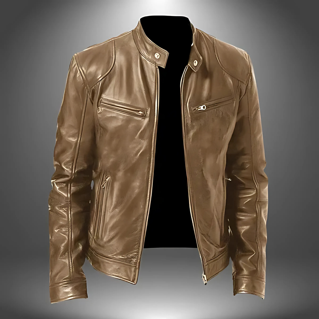 Herren Lederjacke Slim Fit Casual mit Stehkragen
