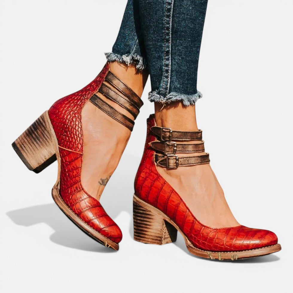 Damen Stiefeletten mit Blockabsatz und Schnallenriemen