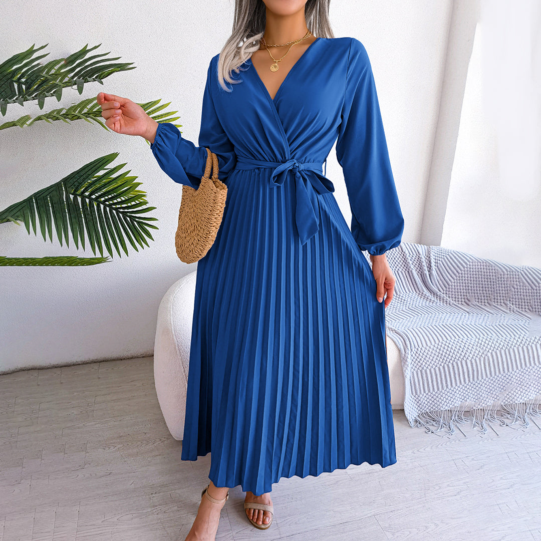 Ardena | Elegantes Damen-Maxikleid mit V-Ausschnitt, Taillengürtel und Plisseerock