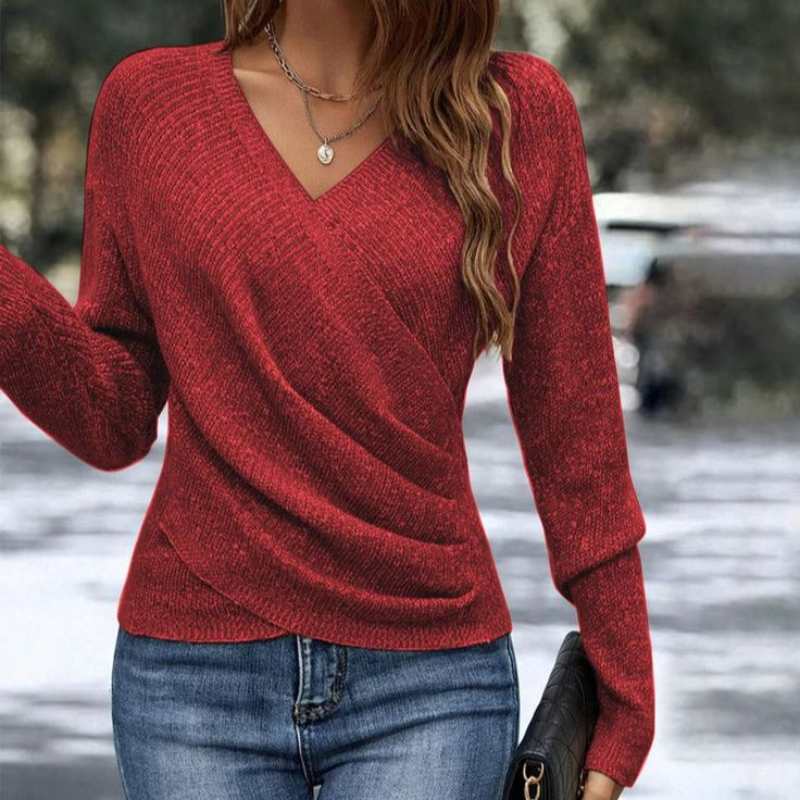 Damen Wickelstrickpullover Slim Fit Freizeit Elegant