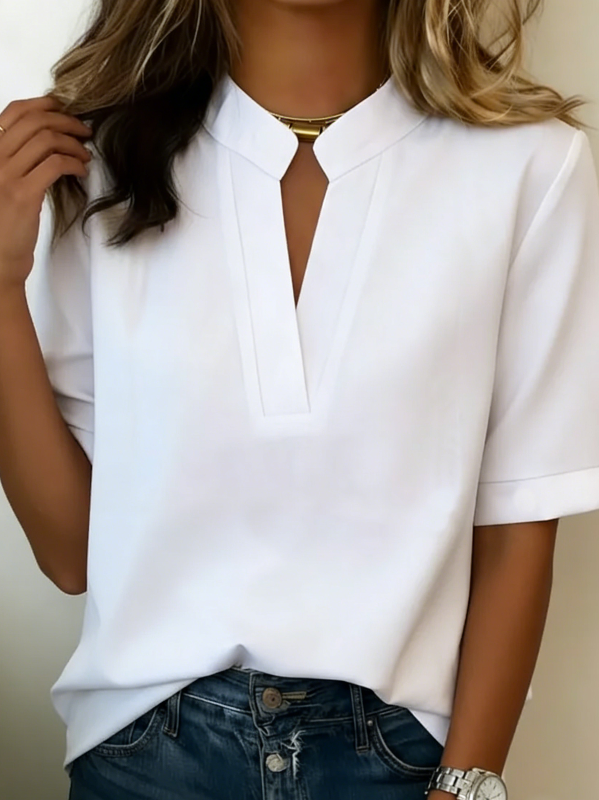 Damen Bluse Relaxed Fit mit V-Ausschnitt und umgeschlagenen Ärmeln