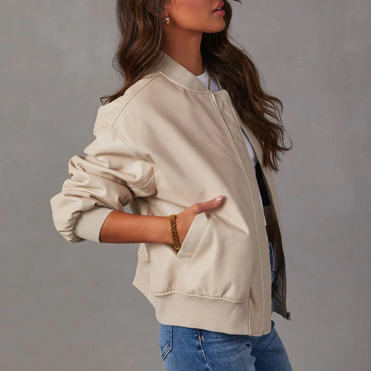 Damen Lederjacke Relaxed Fit Casual Bomberjacke