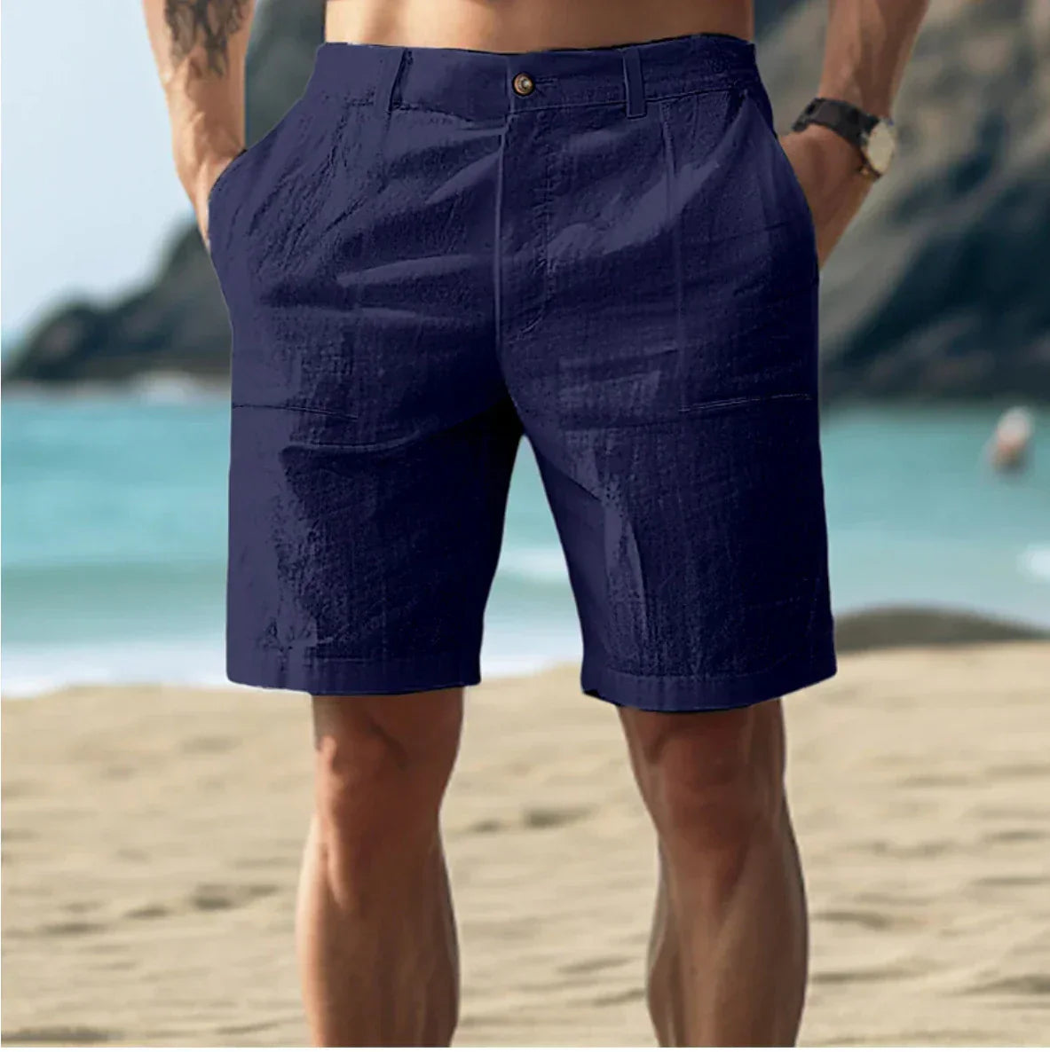 Herren Leinen Shorts Relaxed Fit Freizeit Sommer Kordelzug