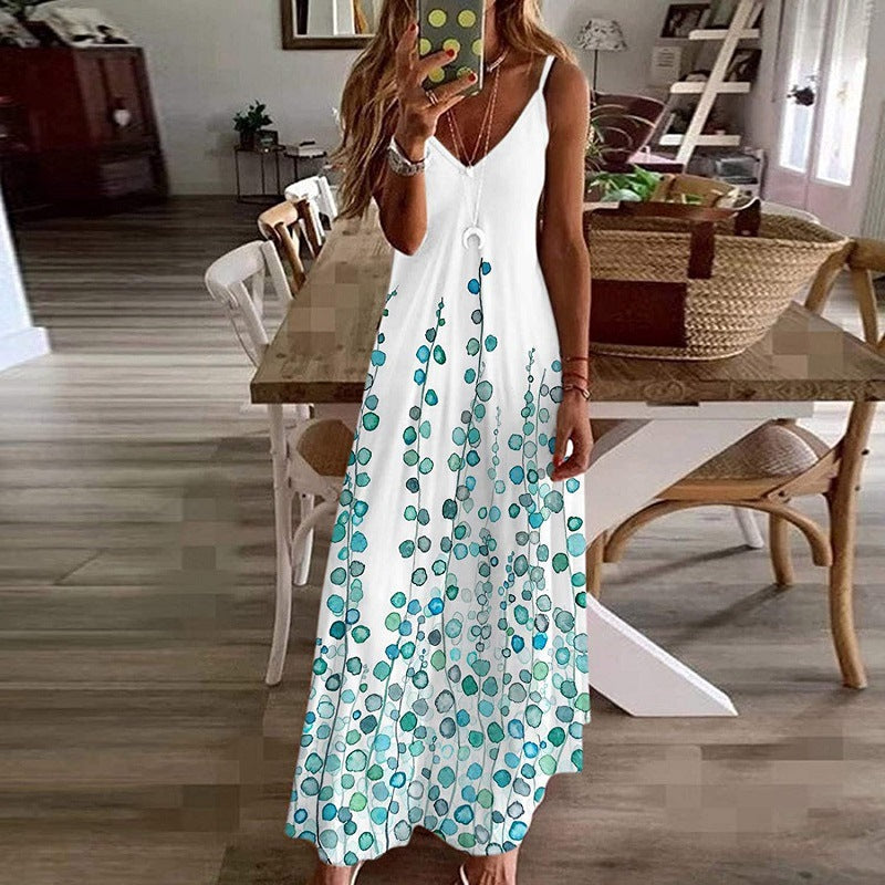 Ovany | Damen Maxikleid mit V-Ausschnitt aus Baumwolle – Blumenprint & Spaghettiträger – Luftiger Sommer-Look