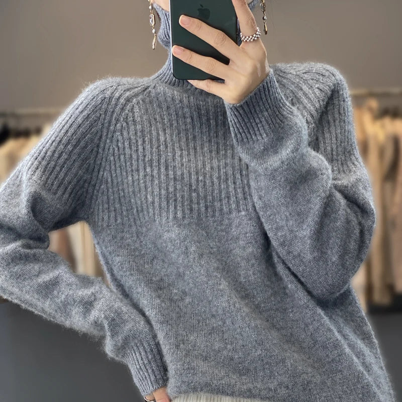 Damen Rippstrick-Rollkragenpullover Relaxed Fit