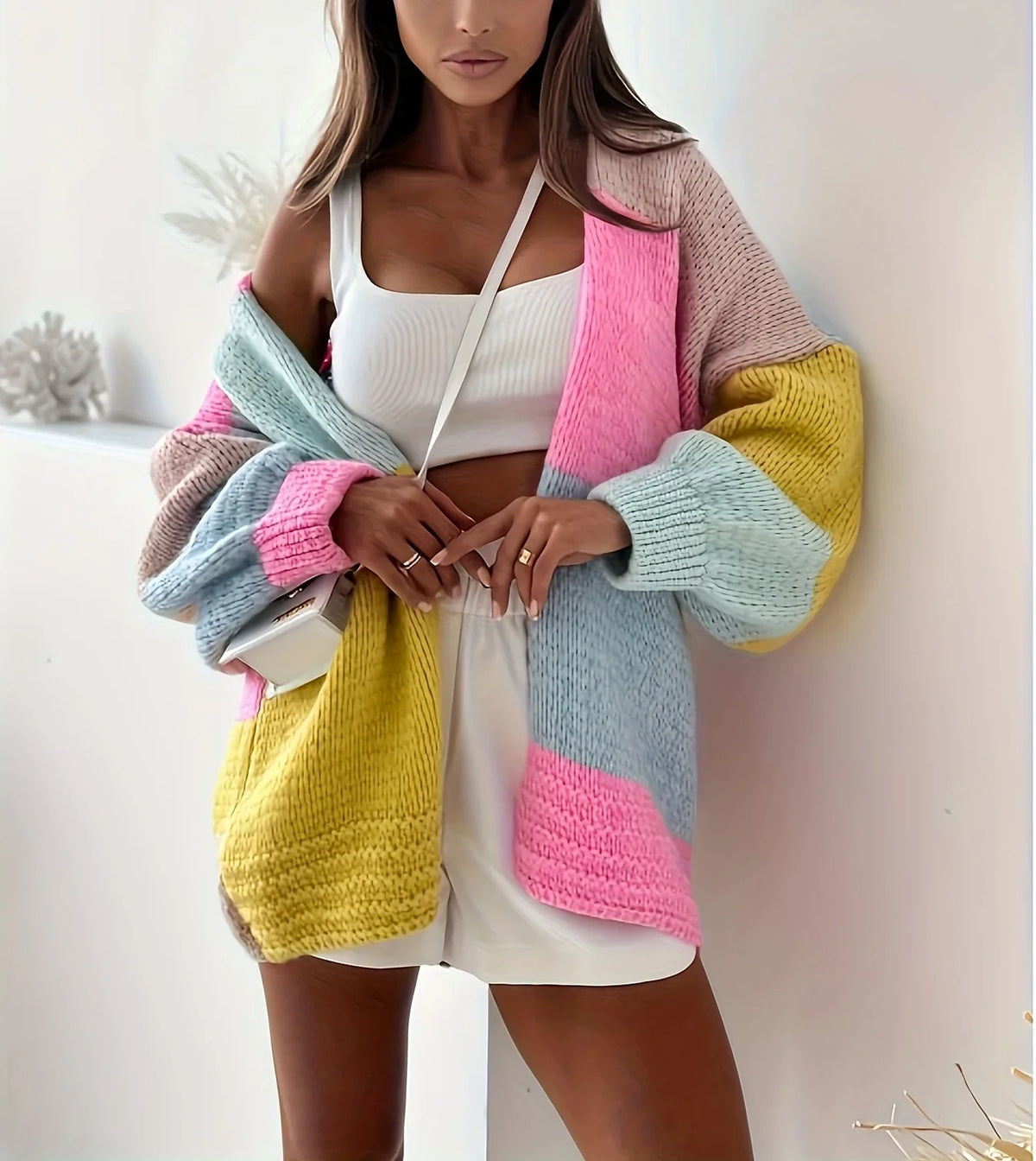 Damen Farbblock-Strickcardigan Oversize mit Patchwork-Design