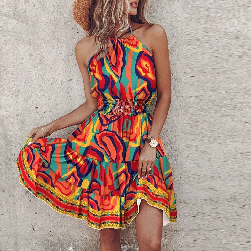 Renia | Ibiza Mini Sommerkleid – Ärmellos, Neckholder & Tailliert mit Boho-Print
