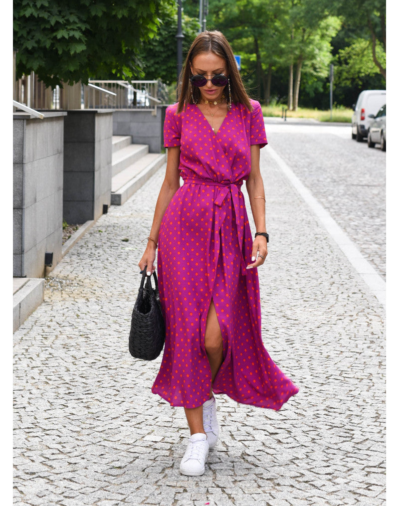 Zanya | Damen Wickel‑Maxikleid – V‑Ausschnitt, Kurzarm, Bindegürtel, Sommer‑Elegant