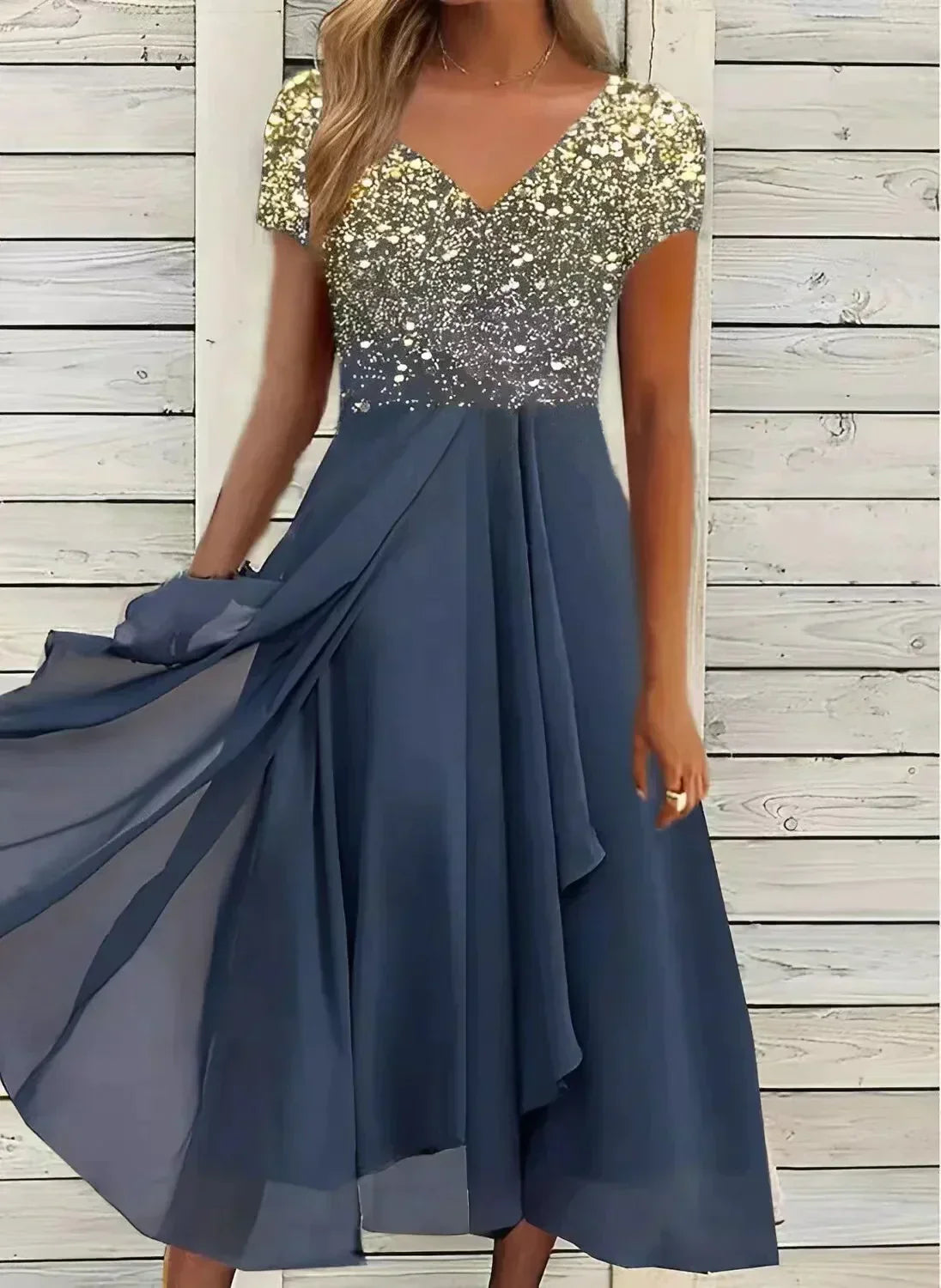 April | Damen Blumen‑Midi‑Kleid – V‑Ausschnitt, Kurzarm, Elegant für Feier & Sommeranlass