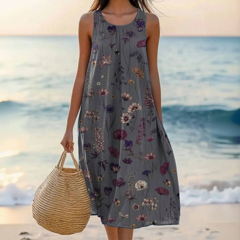 Dency | Elegantes Grau Midi Sommerkleid für Damen mit Blumenmuster & Rundhalsausschnitt