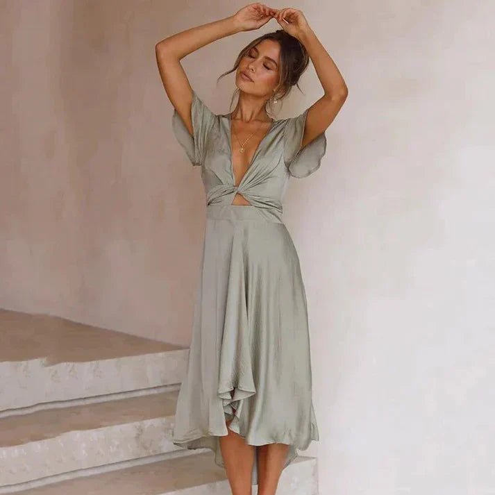 Felly | Elegantes Damen Midikleid mit Taillengürtel, V-Ausschnitt & Schmetterlingsärmeln – Perfekt für Alltag & Anlässe