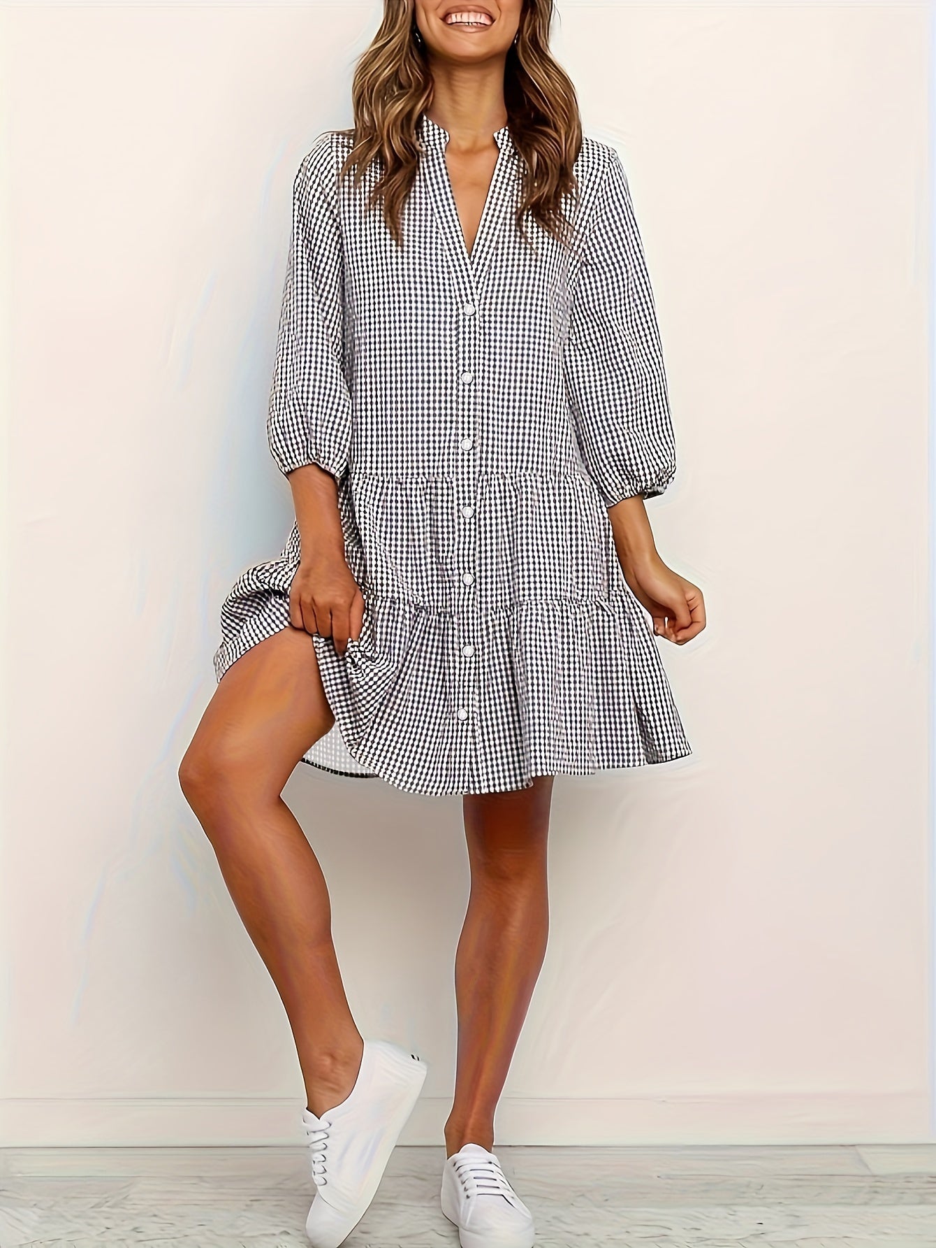 Loise | Sommerliches Leinenkleid mit Karomuster und 3/4 Bischofsärmeln für Damen