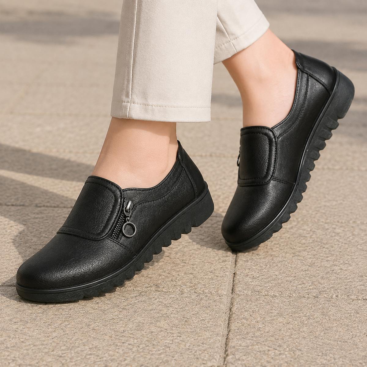 Damen Schuhe mit seitlichem Reißverschluss und geriffelter Sohle