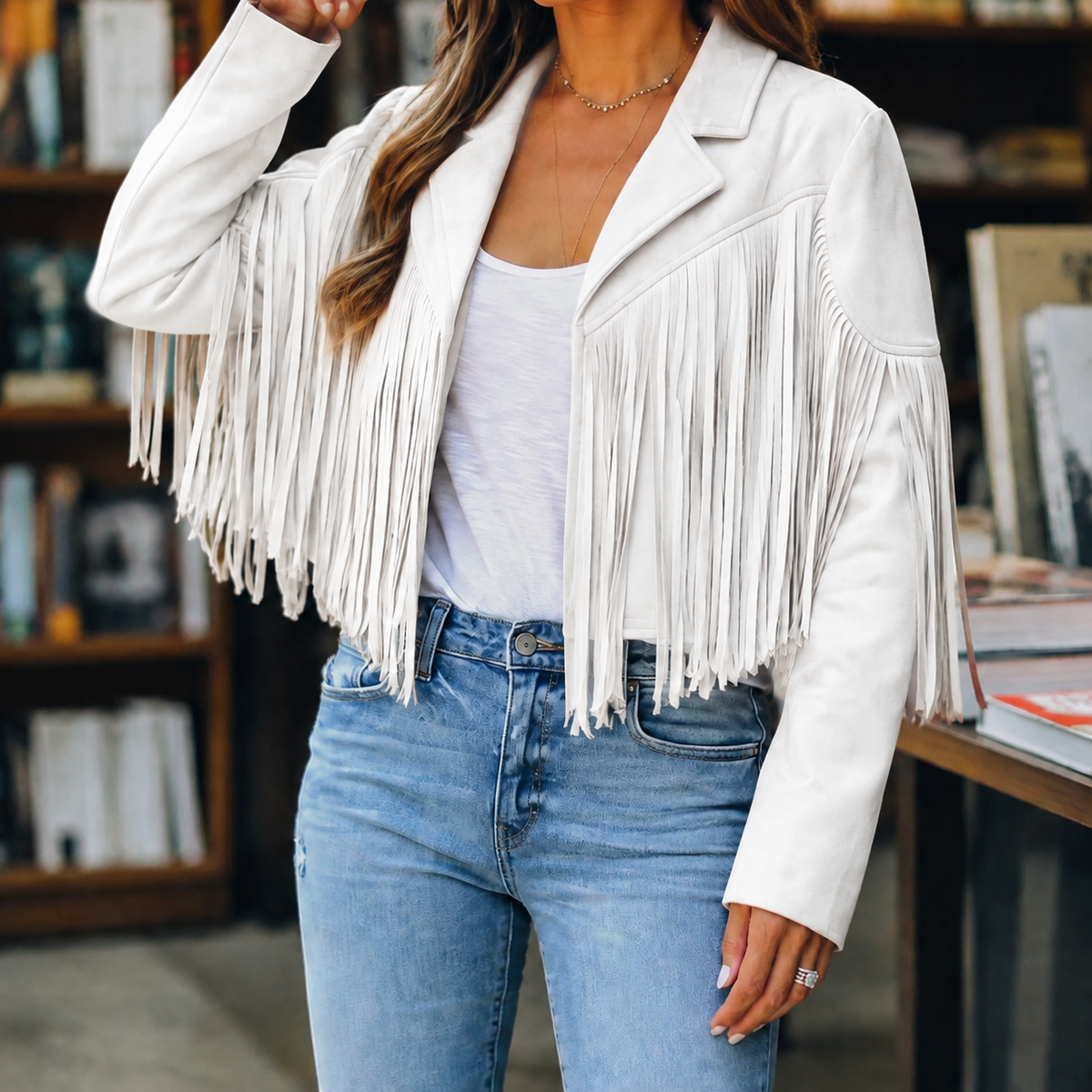 Damen Fransenjacke Regular Fit Casual mit Reverskragen