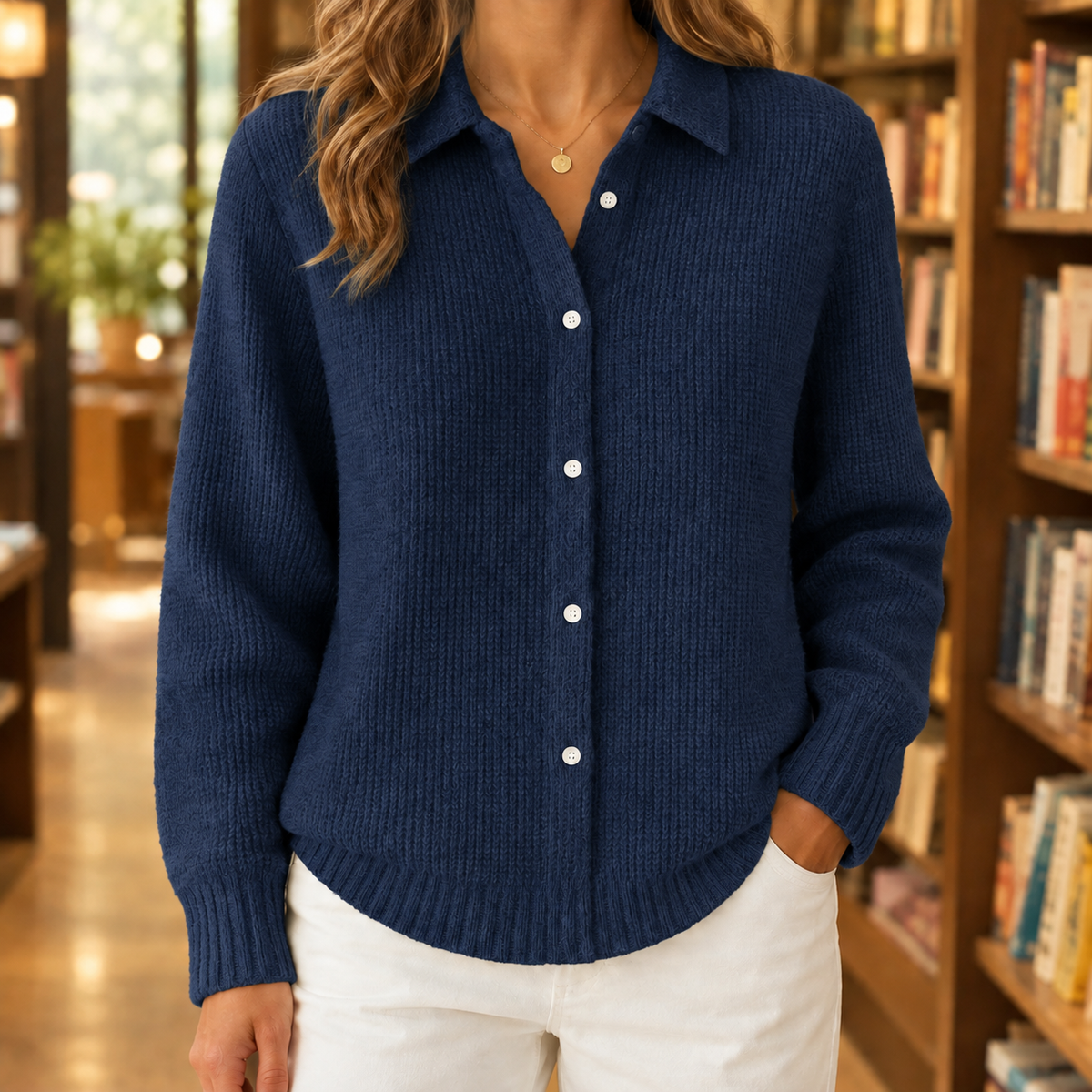 Damen Kragenpullover Regular Fit mit Knopfleiste und Rippbündchen