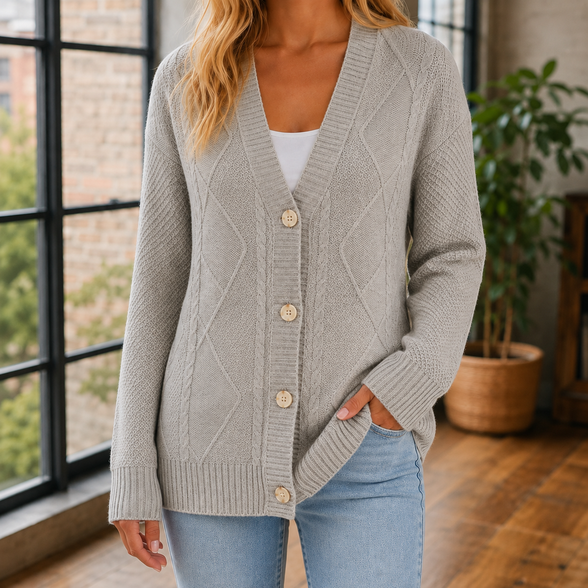 Damen Kabelstrickpullover Oversize mit V-Ausschnitt und Knopfleiste