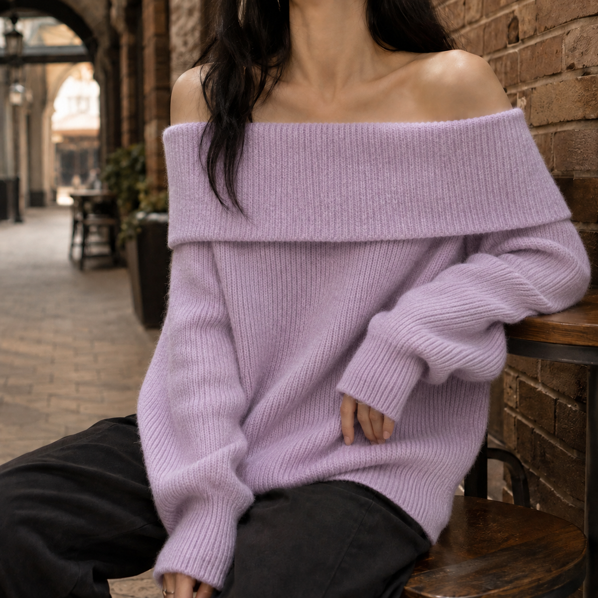 Damen Oversize Off-Shoulder Pullover mit voluminösen Ärmeln