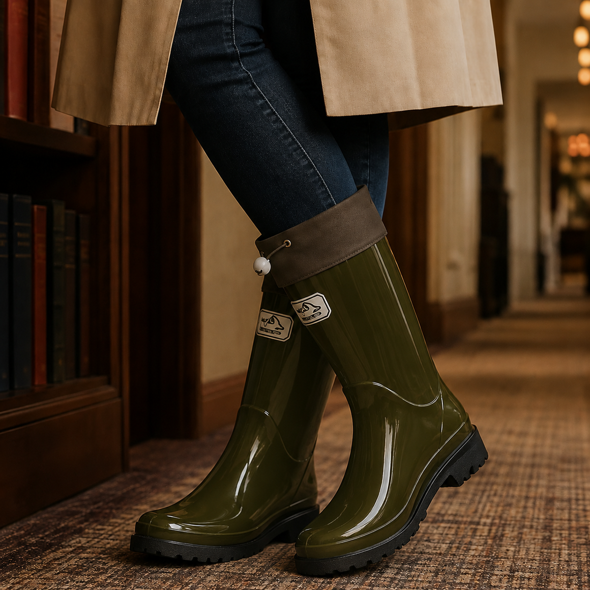 Damen Regenstiefel Knielang mit Kordelzugbündchen