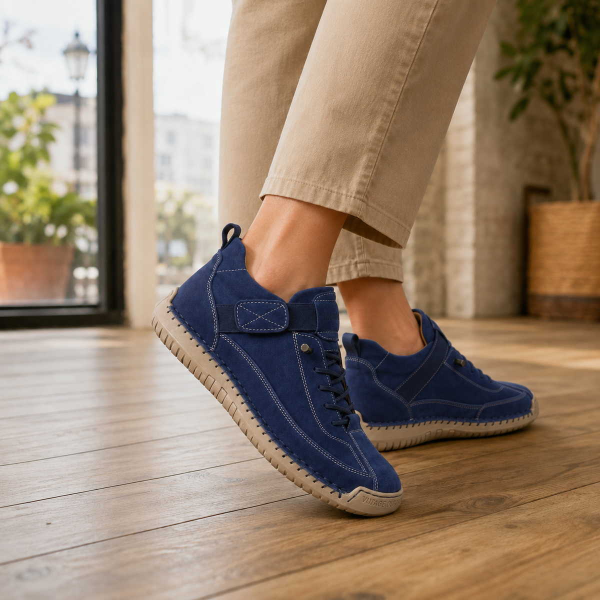 Damen Sneaker mit breitem Spannriemen und elastischer Schnürung