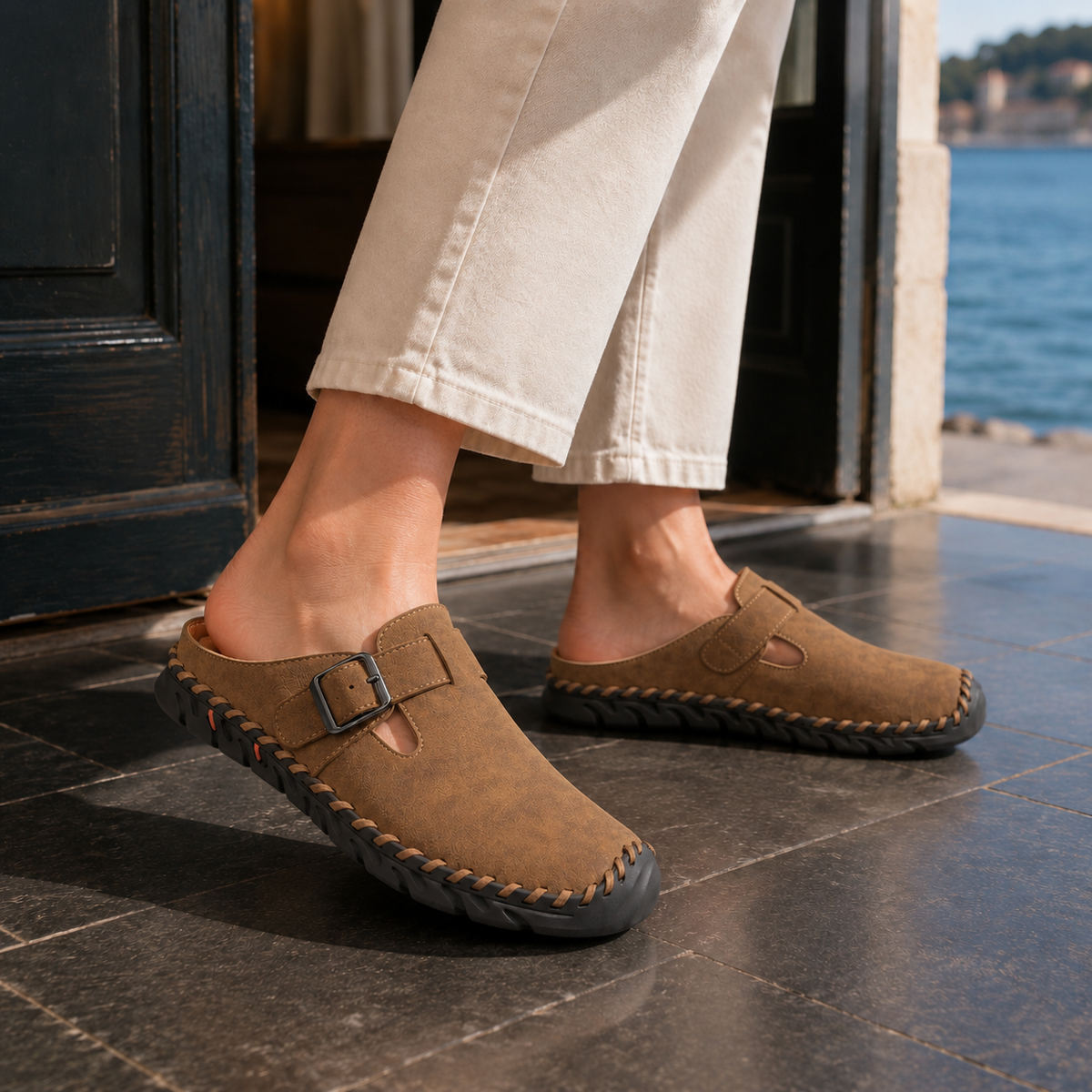 Damen Mules mit verstellbarem Schnallenriemen und rundem Zehenbereich