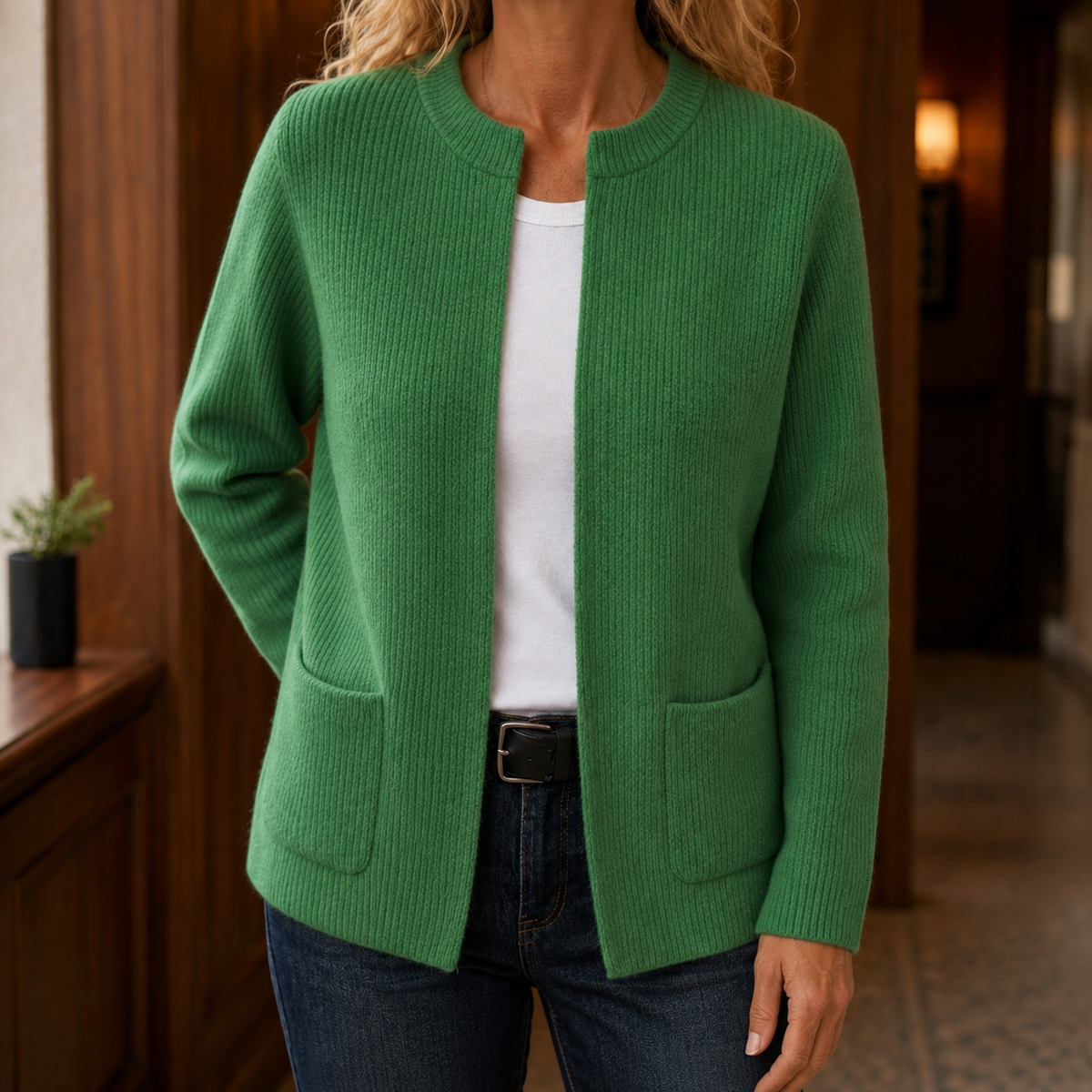 Damen Rippstrick-Cardigan Relaxed Fit mit Rundhalsausschnitt und Taschen