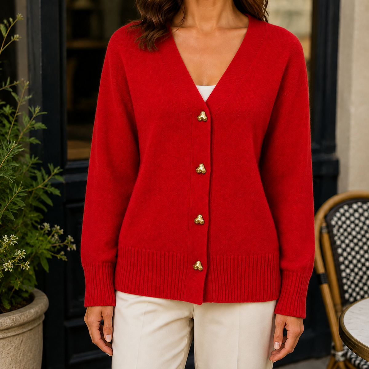 Damen Pullover Relaxed Fit mit herzförmigen Knöpfen und V-Ausschnitt