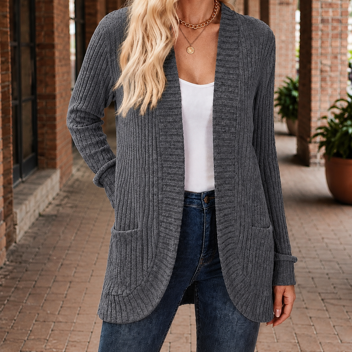 Damen Rippstrick-Cardigan Relaxed Fit mit offener Front und Taschen