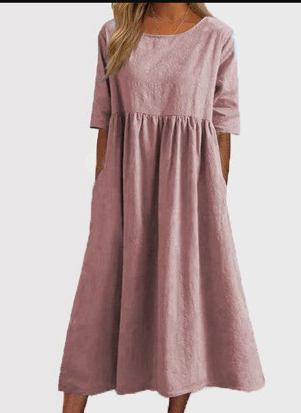 Binnie | Elegantes Damen Midikleid in Unifarbe mit Rundhalsausschnitt & Halbarm | Lockerer Schnitt für Alltag & Anlass