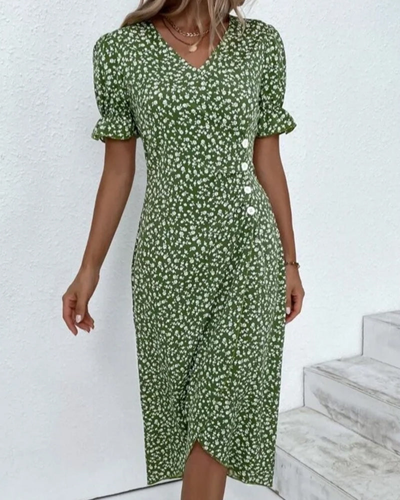 Winnie | Damen Wickelkleid mit Blumenmuster – V-Ausschnitt & Puffärmel, Knielang