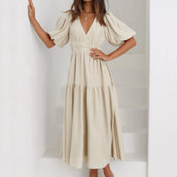 Diana | Damen Sommer‑Midikleid – V‑Ausschnitt, Puffärmel & Stufenrock, Einfarbig Elegant