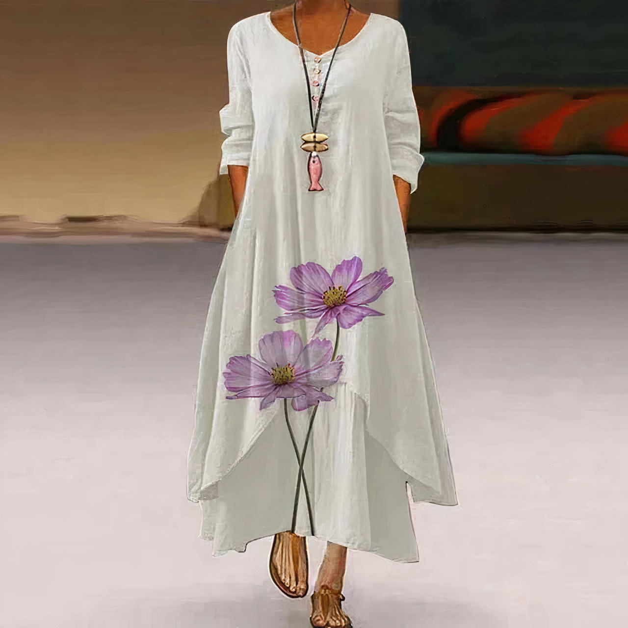 Trisha | Sommerliches Leinen-Maxikleid mit floralen Details & Rundhalsausschnitt – Luftig, Elegant & Bequem
