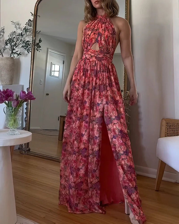 Iris | Ärmelloses Blumen-Maxikleid mit Neckholder, Schlitz & Sommerprint