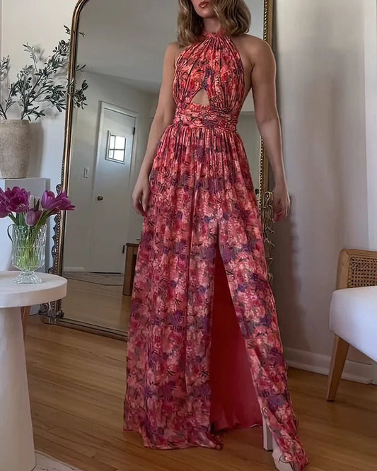 Iris | Ärmelloses Blumen-Maxikleid mit Neckholder, Schlitz & Sommerprint
