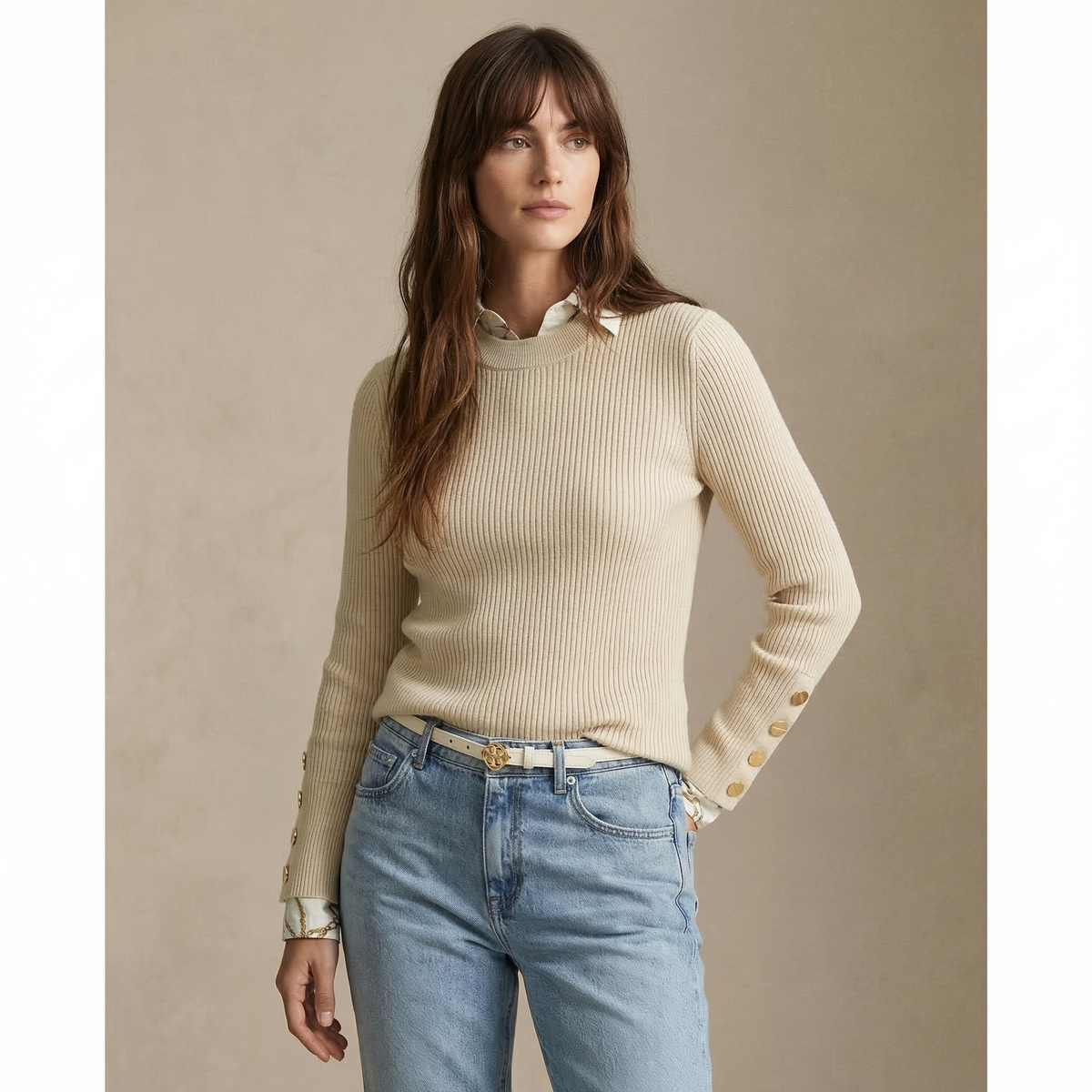 Damen Strickpullover Slim Fit mit Knopfdetails