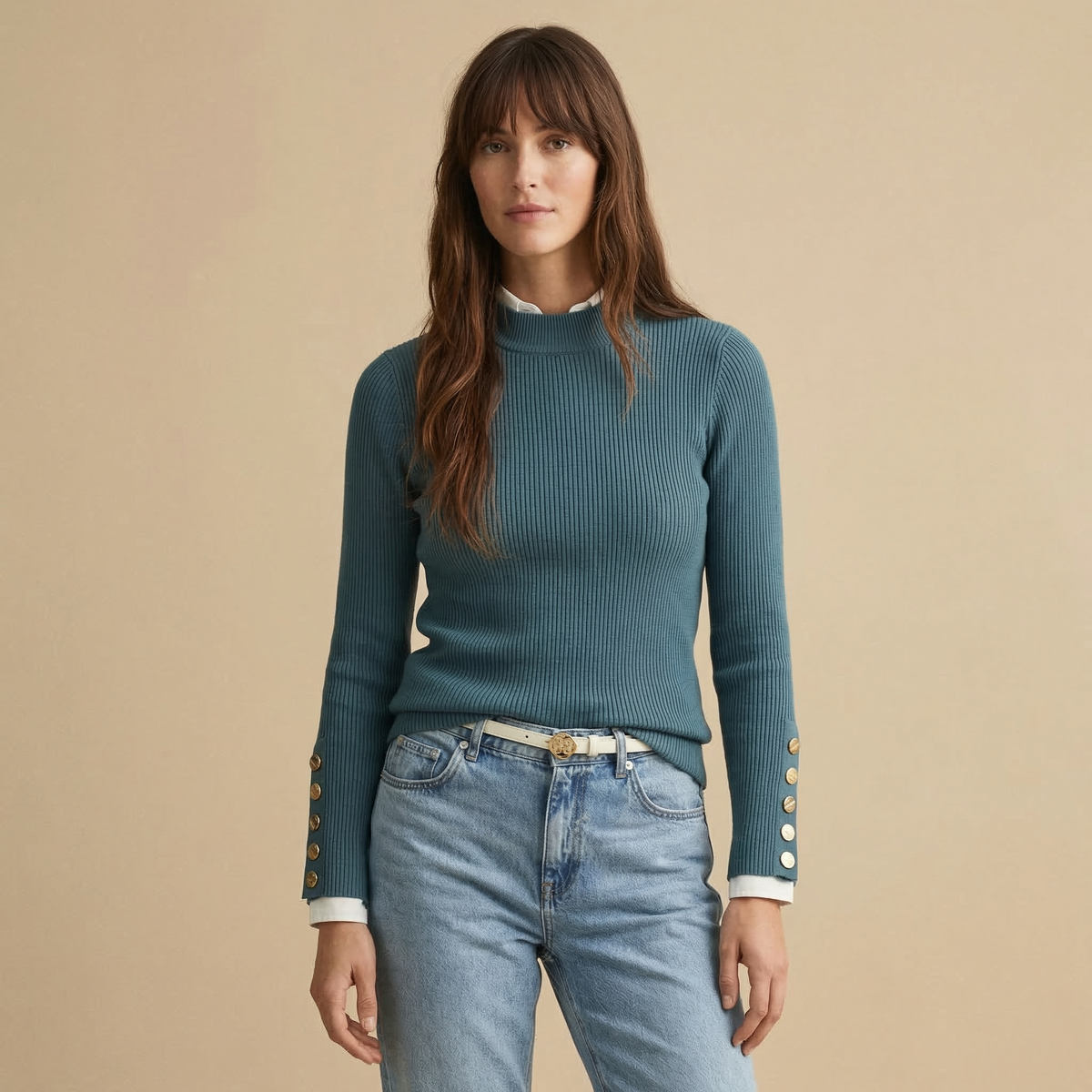 Damen Strickpullover Slim Fit mit Knopfdetails