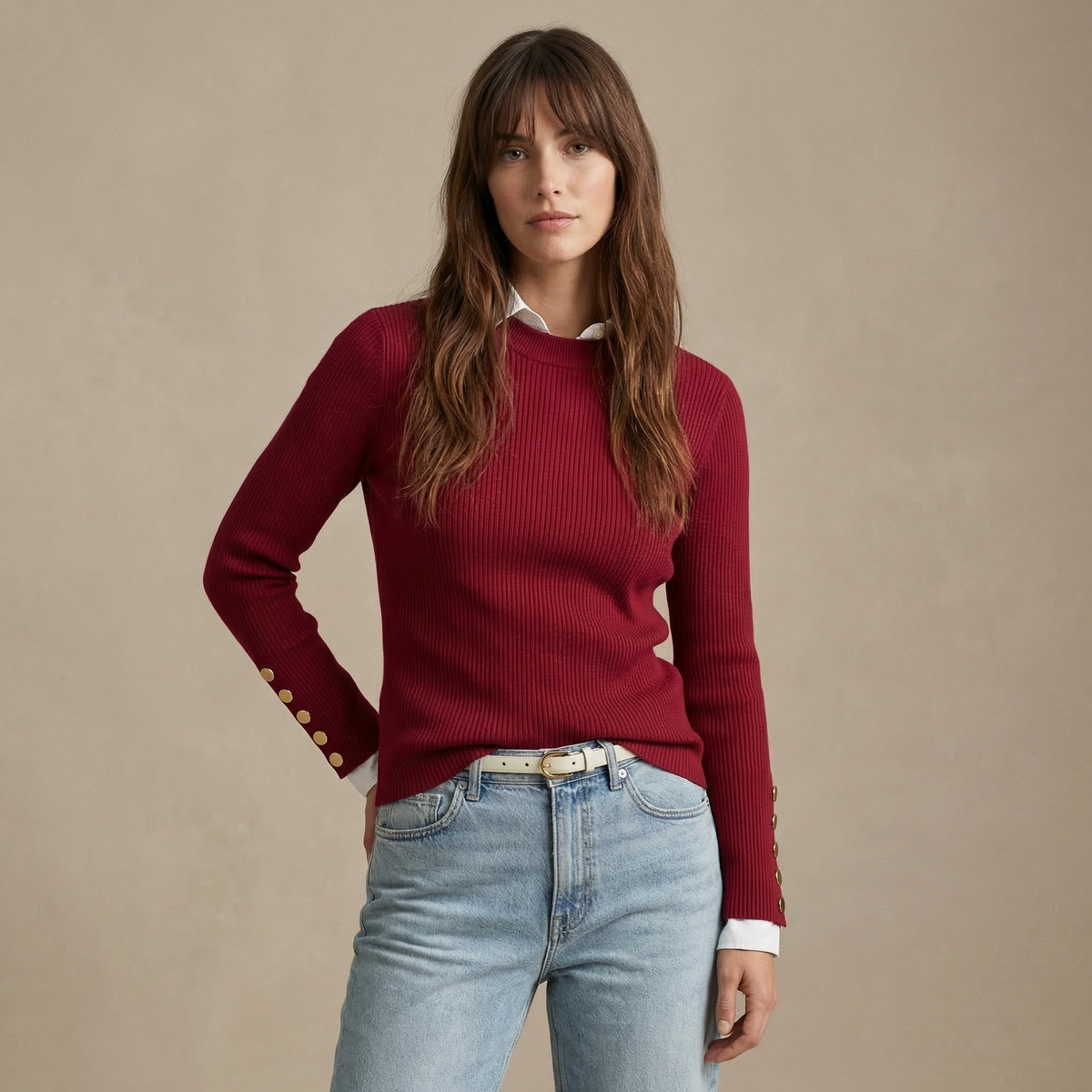 Damen Strickpullover Slim Fit mit Knopfdetails