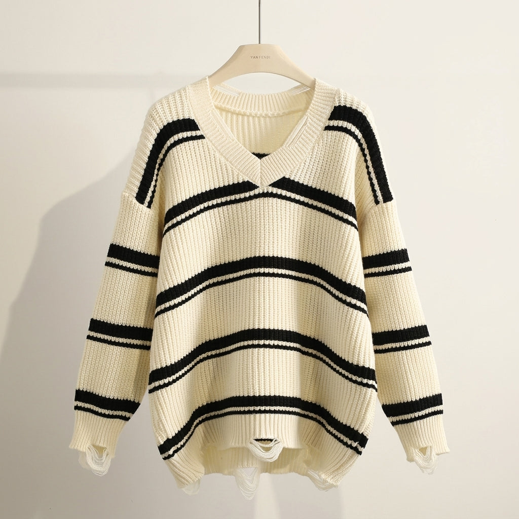 Damen Pullover Relaxed Fit mit Streifenmuster und V-Ausschnitt