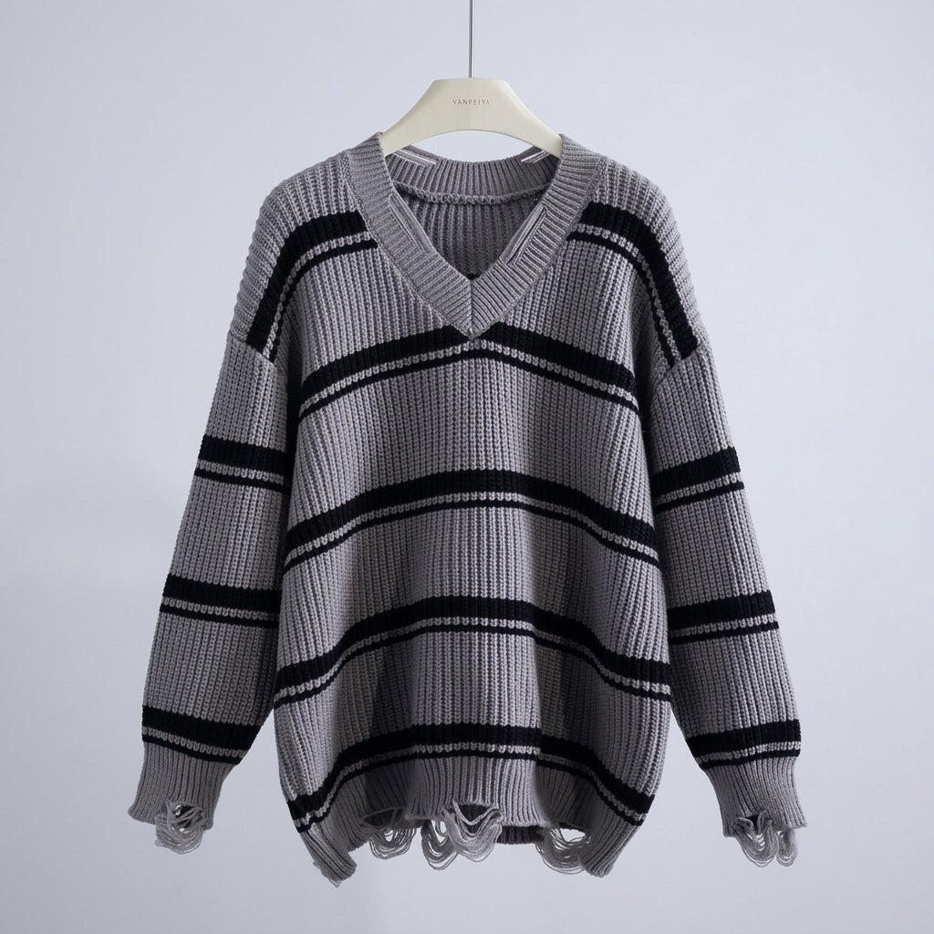 Damen Pullover Relaxed Fit mit Streifenmuster und V-Ausschnitt