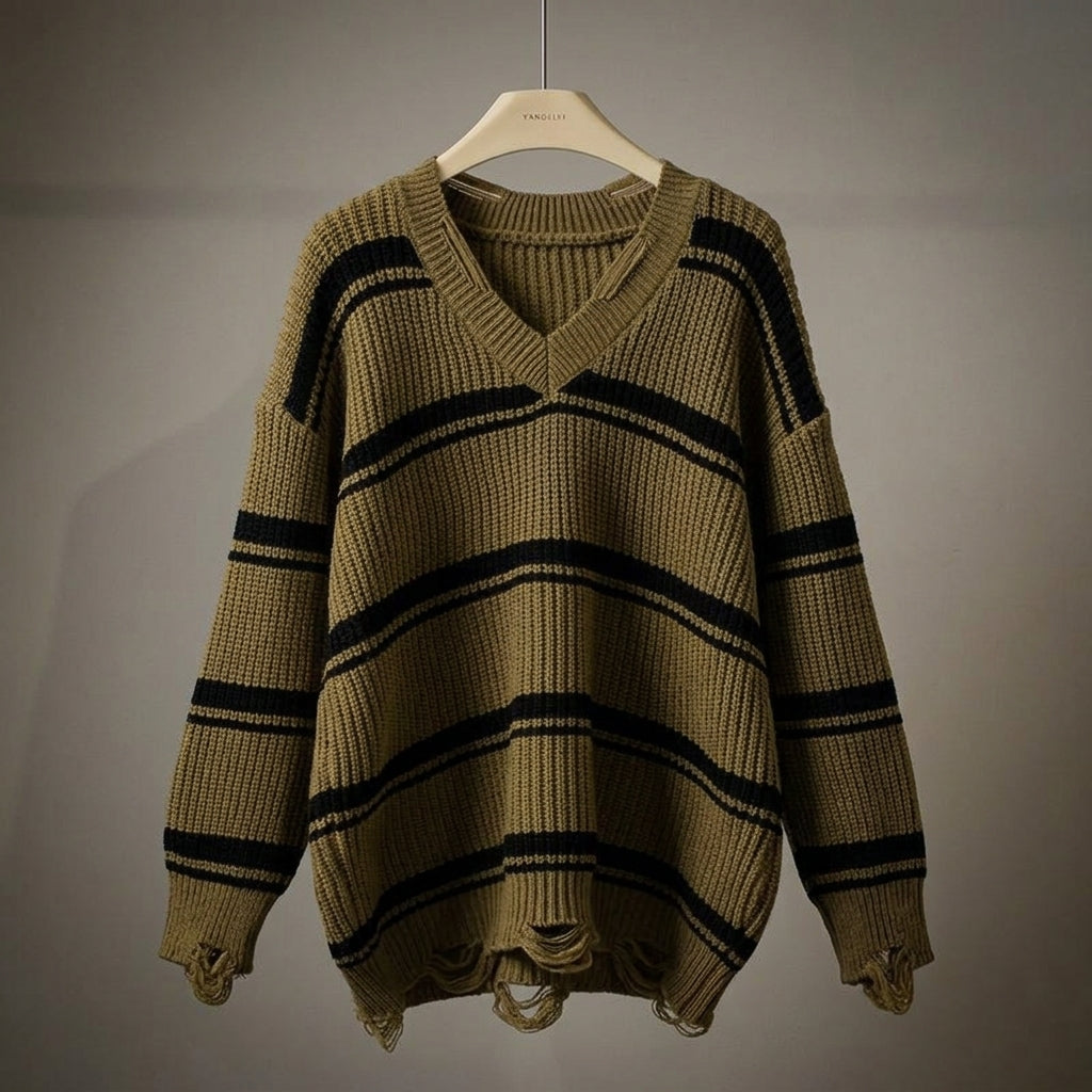 Damen Pullover Relaxed Fit mit Streifenmuster und V-Ausschnitt