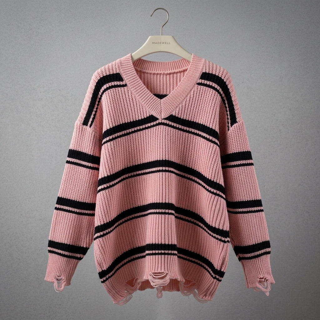 Damen Pullover Relaxed Fit mit Streifenmuster und V-Ausschnitt