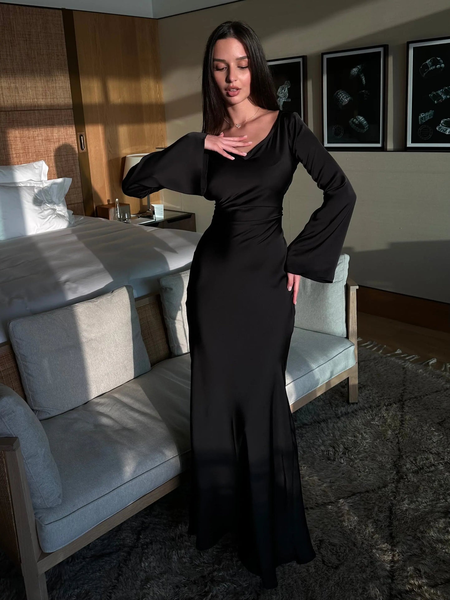 Elegantes Damen Abendkleid Maxikleid Figurbetont | Lange Ärmel & Luxuriöser Look