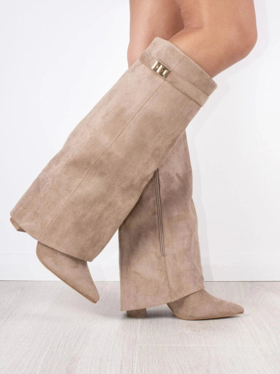 Damen Faltstiefel Schlank mit goldfarbenem Verschlussdetail