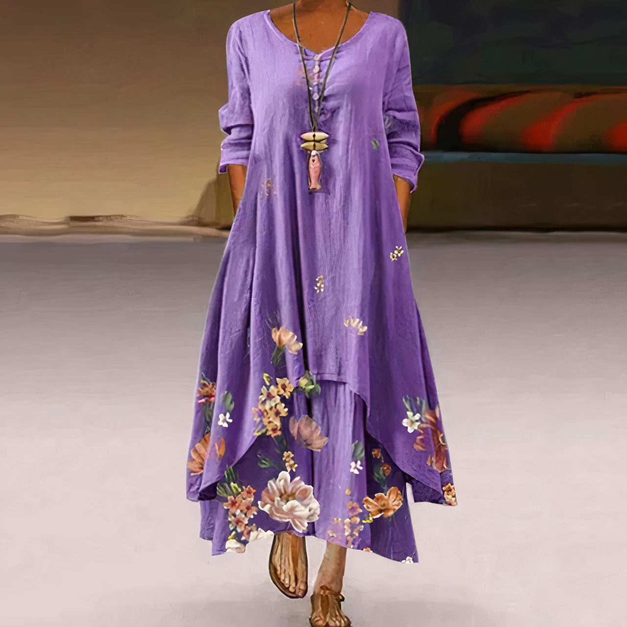 Trisha | Sommerliches Leinen-Maxikleid mit floralen Details & Rundhalsausschnitt – Luftig, Elegant & Bequem