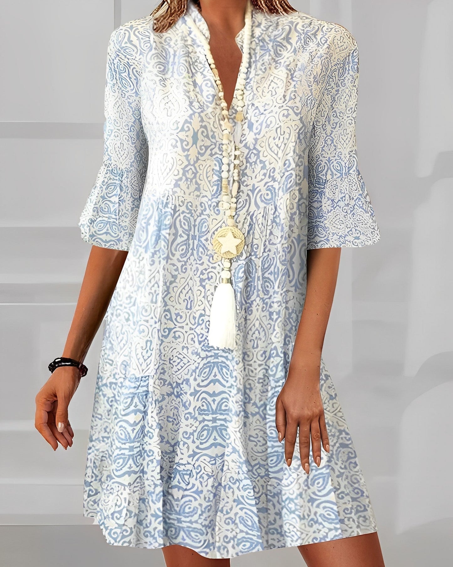 Carina | Vintage V‑Neck Sommerkleid – Weite Ärmel, Bequemer Schnitt & Femininer Retro‑Charme