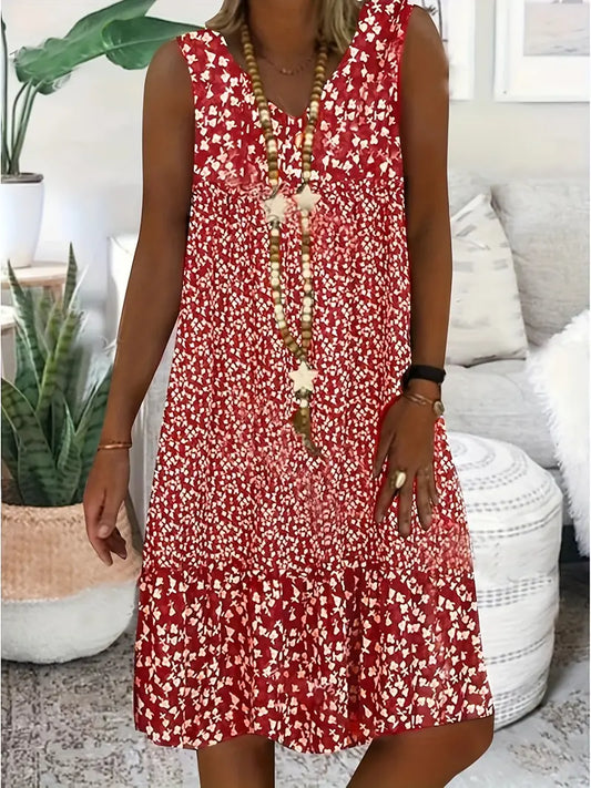 Stillie | Ärmelloses Sommerkleid mit V-Ausschnitt & Weißem Blumenmuster – Luftig, Gerade Geschnitten & Bequem