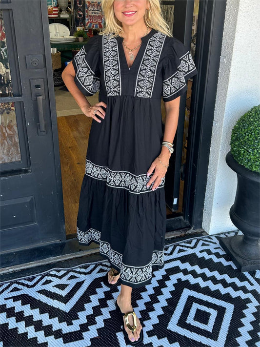 Celestia | Ibiza Style Midi Kleid – V-Ausschnitt, Weite Ärmel & Lockere Passform