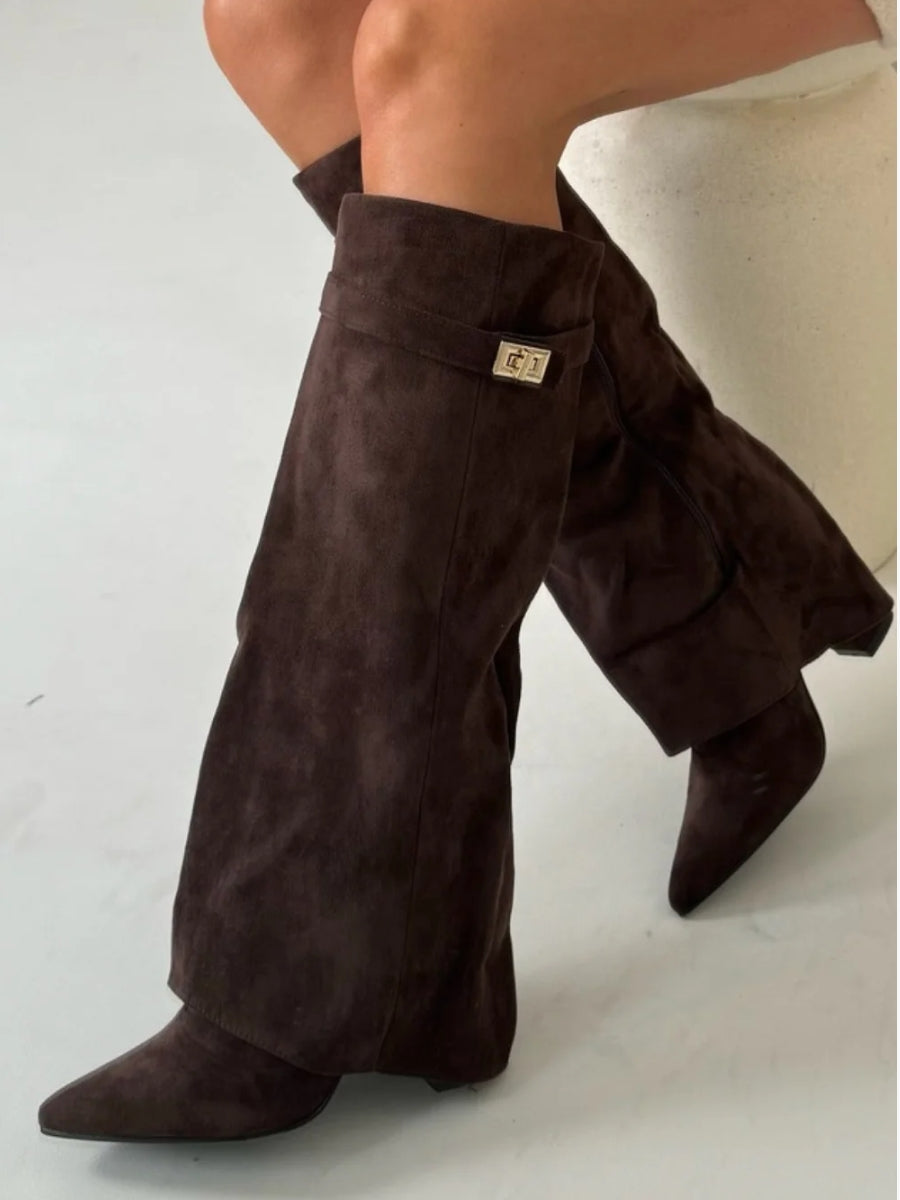 Damen Faltstiefel Schlank mit goldfarbenem Verschlussdetail