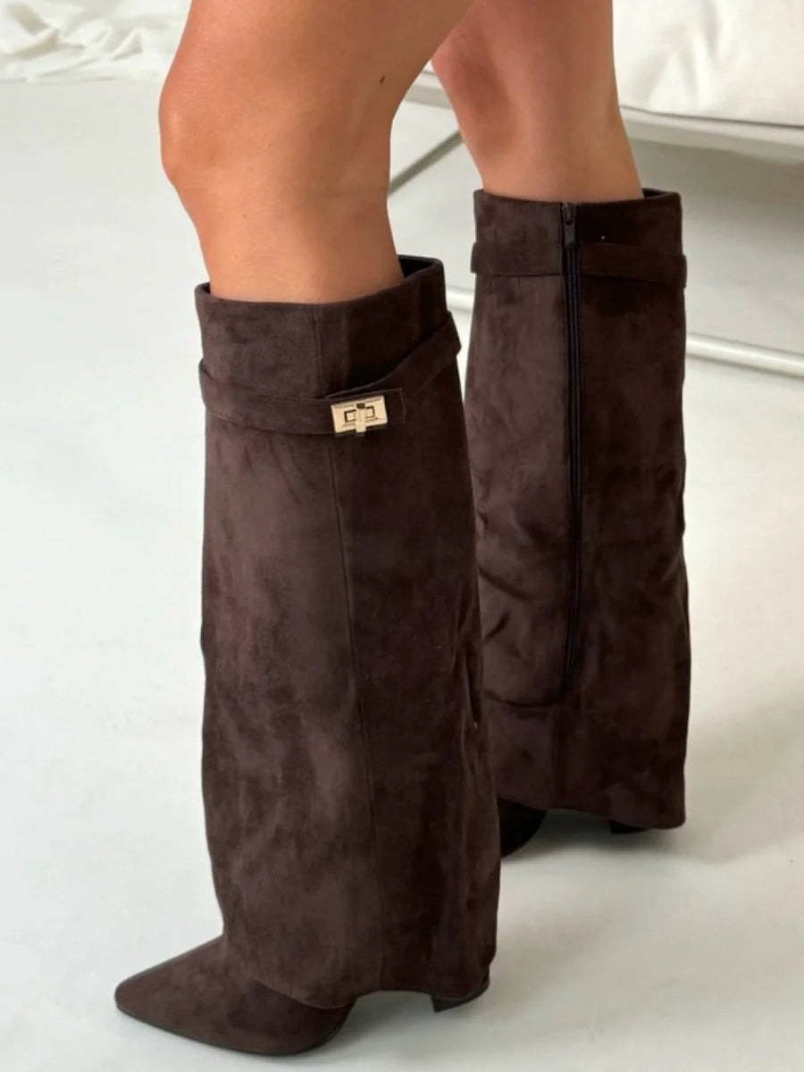 Damen Faltstiefel Schlank mit goldfarbenem Verschlussdetail