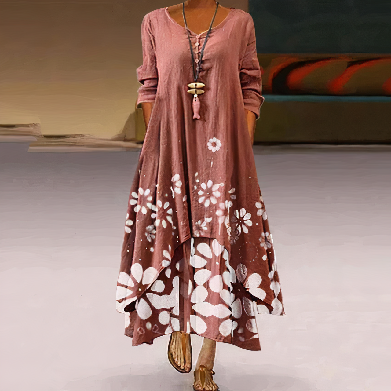 Trisha | Sommerliches Leinen-Maxikleid mit floralen Details & Rundhalsausschnitt – Luftig, Elegant & Bequem